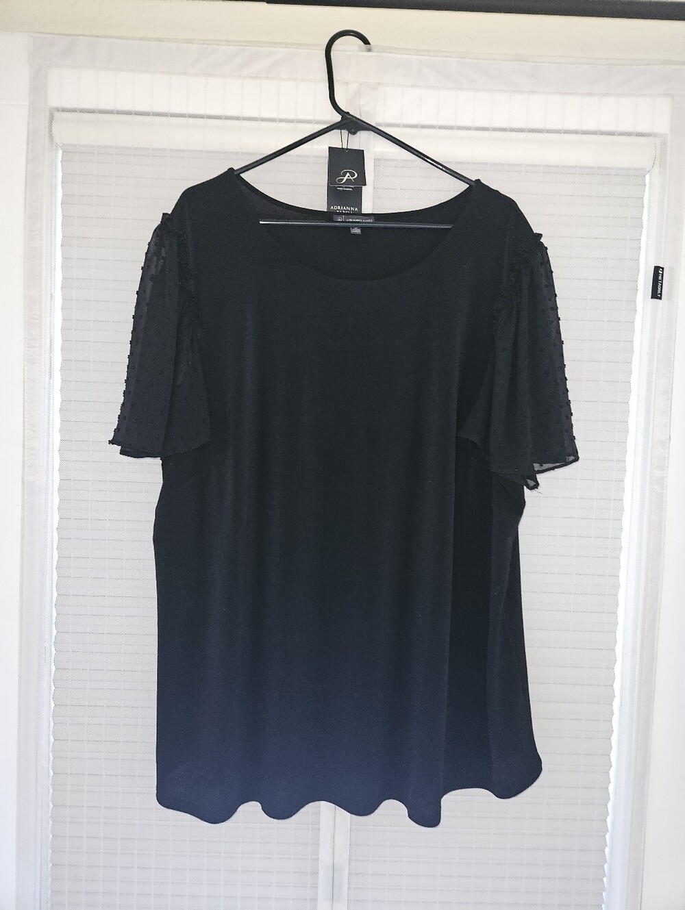 Adrianna Papell Black Sheer Dot Flutter Sleeve Top NWT